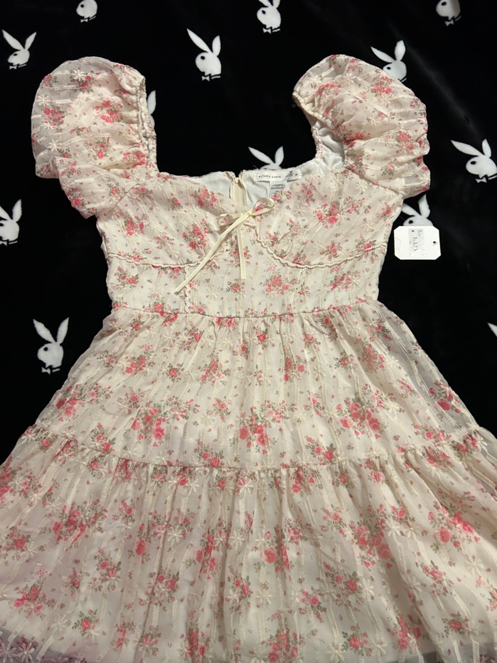 Altar'd State Pink and Cream Floral Puff-Sleeve Mini Dress